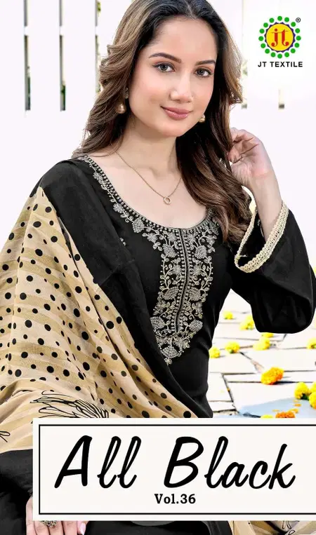 All Black Vol 36 By Jt Rayon Sequence Embroidery Dress Material Exporters In India